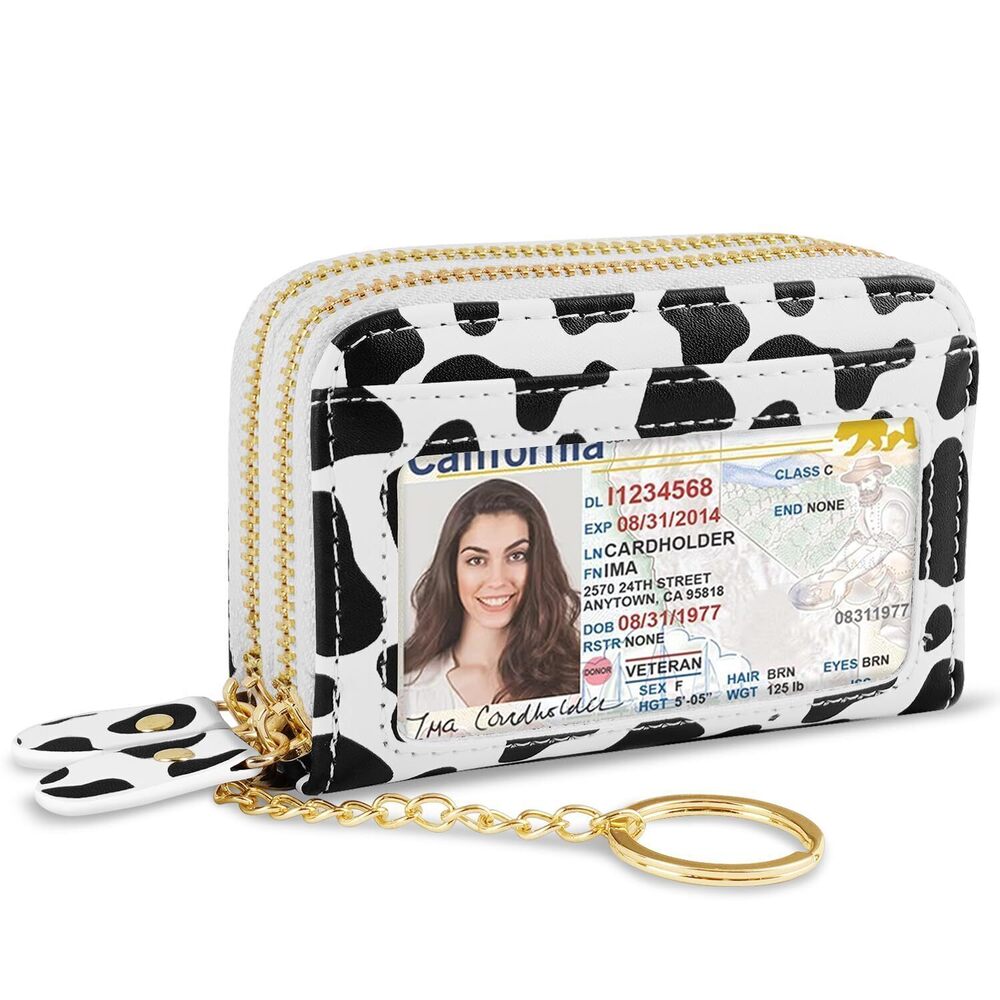 6262 Credit Card Holder Small Double Zipper Card Wallet with Keychain, Cow